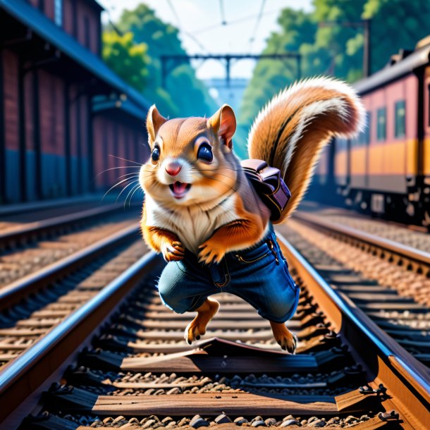 Foto de una ardilla voladora en jeans en las vías del tren