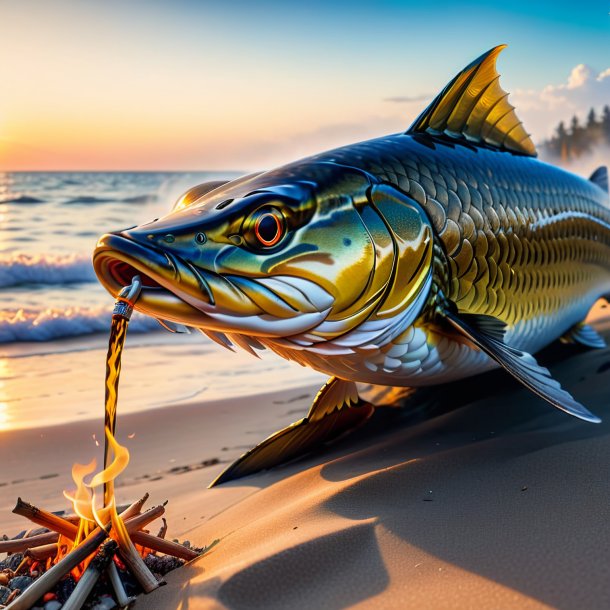 Image of a smoking of a pike on the beach