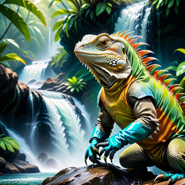 Imagem de uma iguana em uma luvas na cachoeira