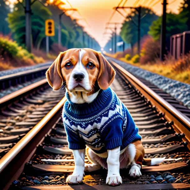 Photo d'une beagle dans un pull sur les voies ferrées