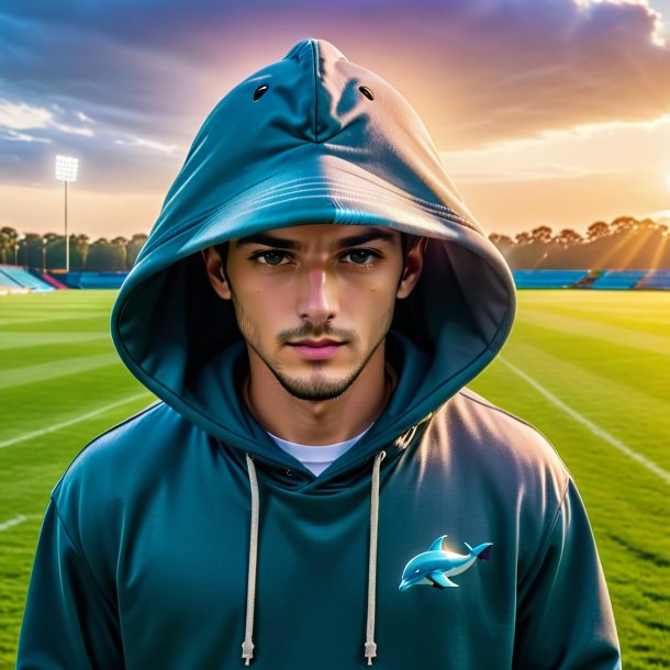 Pic of a dolphin in a hoodie on the field