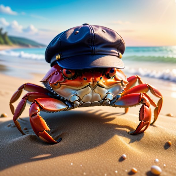 Foto de um caranguejo em um boné na praia