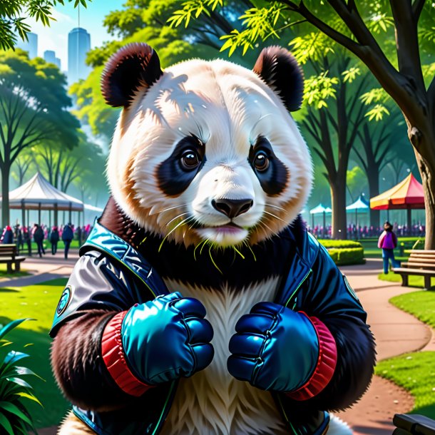 Drawing of a giant panda in a gloves in the park