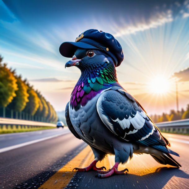 Photo d'un pigeon dans une casquette sur l'autoroute