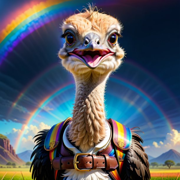 Drawing of a ostrich in a belt on the rainbow