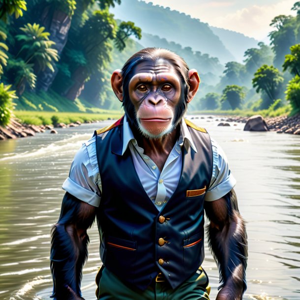 Image of a chimpanzee in a vest in the river