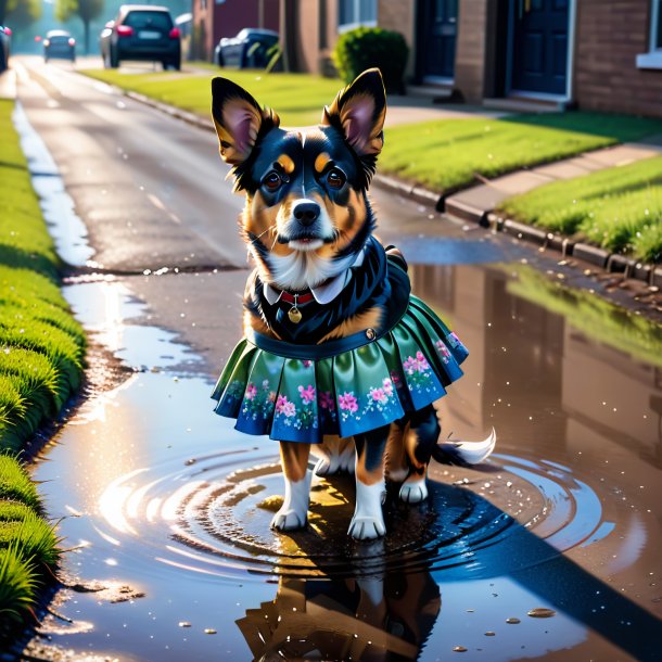 Drawing of a dog in a skirt in the puddle