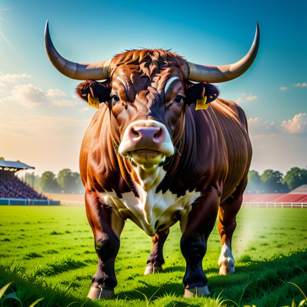 Photo of a bull in a belt on the field