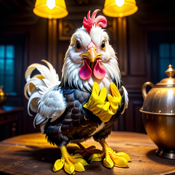 Picture of a hen in a yellow gloves