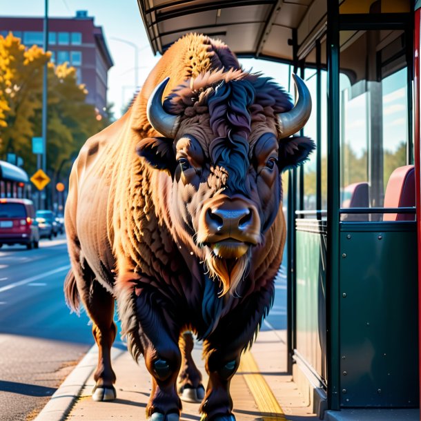 Foto de um bisonte em um cinto no ponto de ônibus