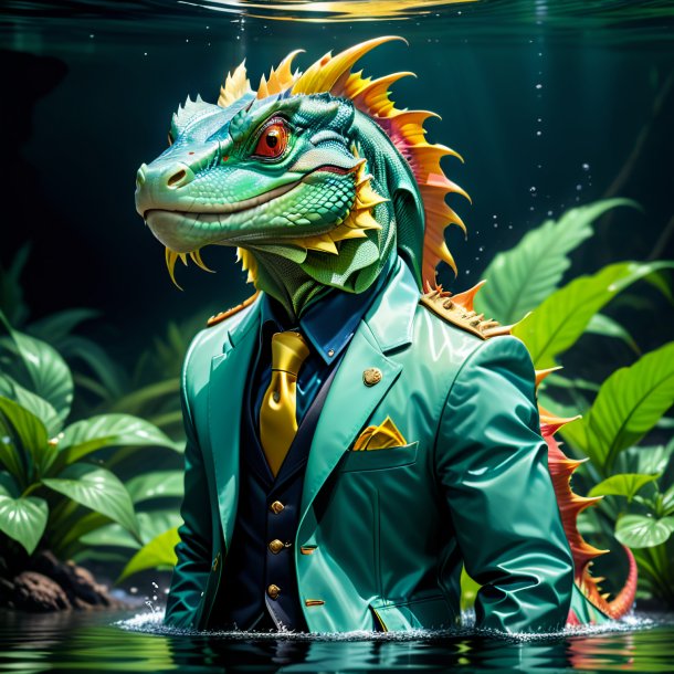 Image of a basilisk in a jacket in the water