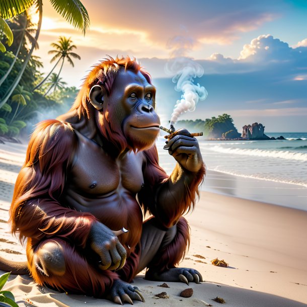 Image of a smoking of a orangutan on the beach