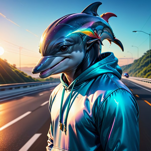 Illustration of a dolphin in a hoodie on the highway