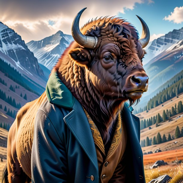 Picture of a bison in a coat in the mountains