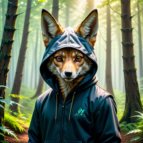 Foto de um chacal em um hoodie na floresta