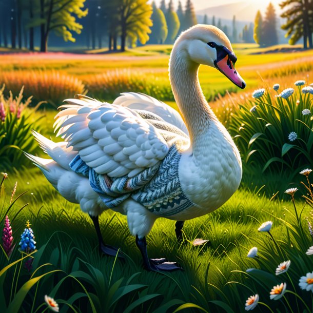 Photo of a swan in a sweater in the meadow