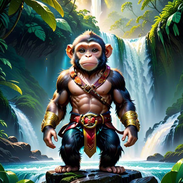 Illustration of a monkey in a belt in the waterfall