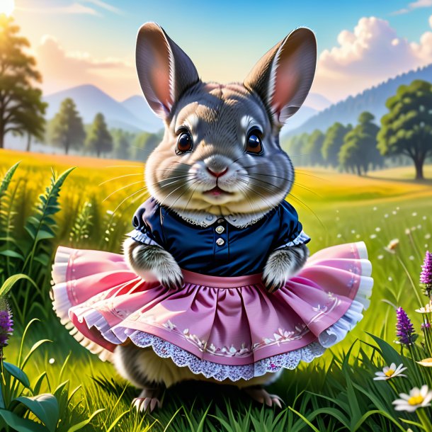 Picture of a chinchillas in a skirt in the meadow