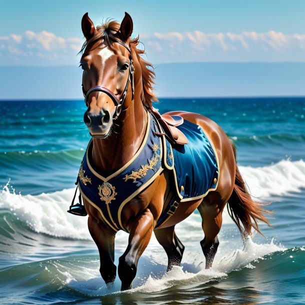 Image of a horse in a vest in the sea