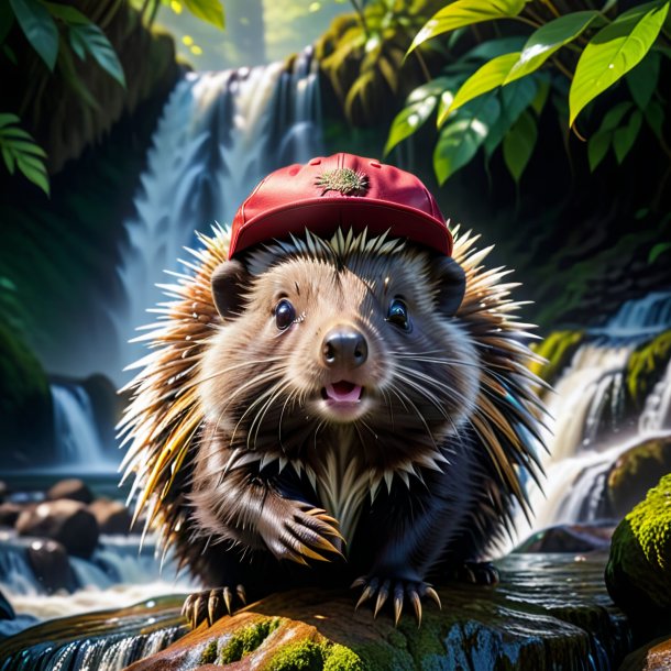 Image of a porcupine in a cap in the waterfall