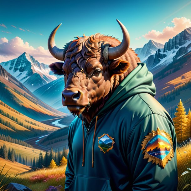 Illustration of a buffalo in a hoodie in the mountains