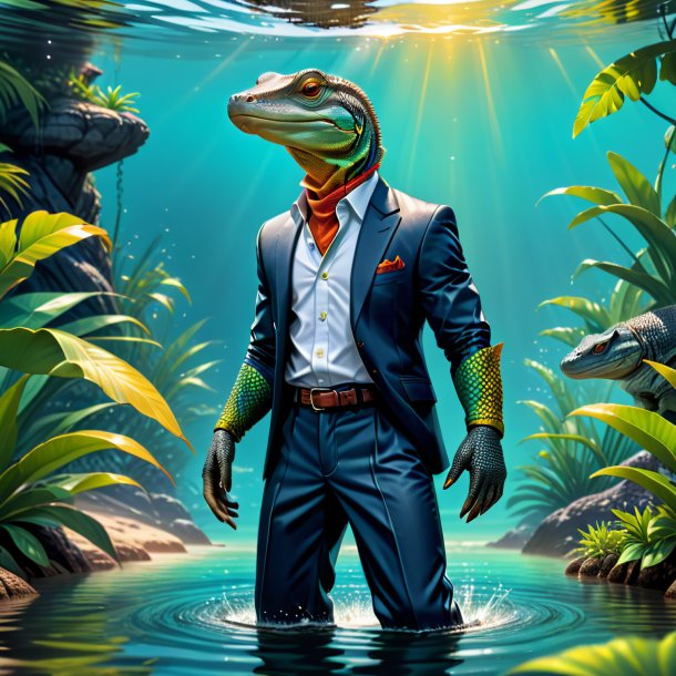 Illustration of a monitor lizard in a trousers in the water