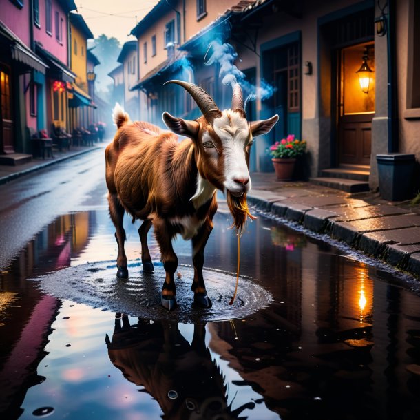 Photo of a smoking of a goat in the puddle