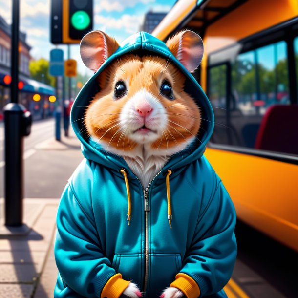 Photo of a hamster in a hoodie on the bus stop