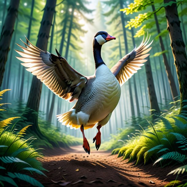 Pic of a jumping of a goose in the forest