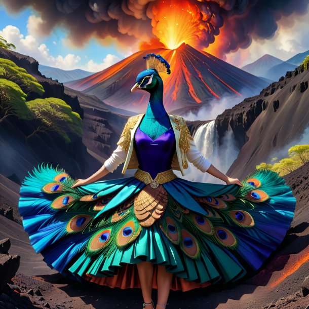 Drawing of a peacock in a skirt in the volcano