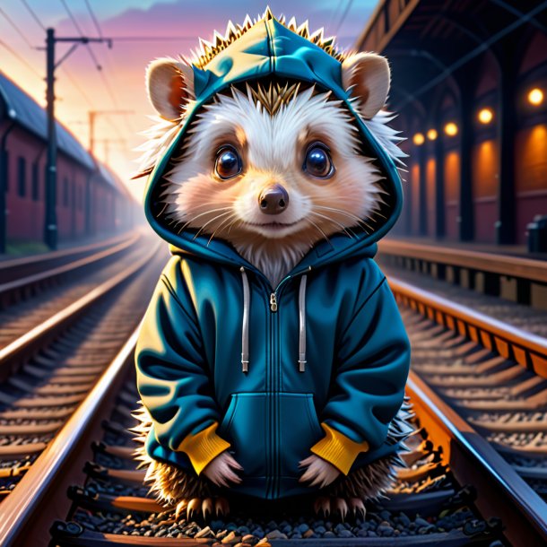 Drawing of a hedgehog in a hoodie on the railway tracks