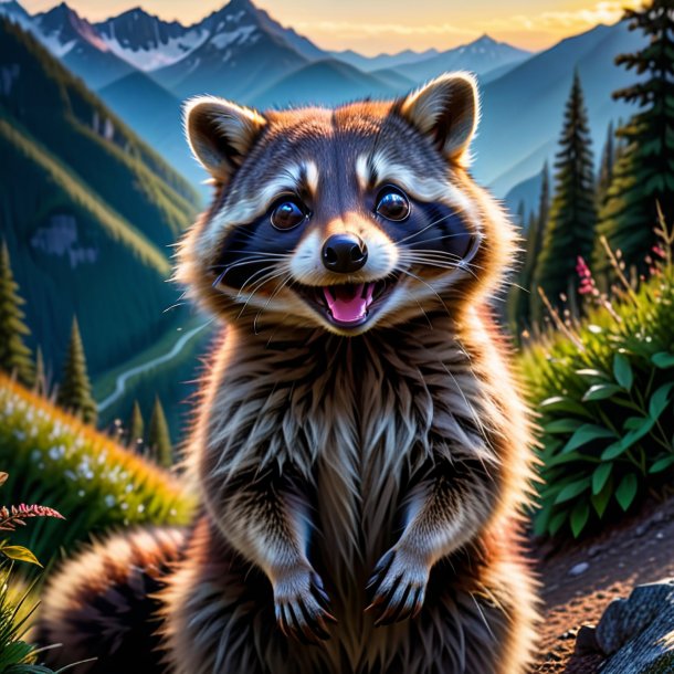 Photo of a smiling of a raccoon in the mountains