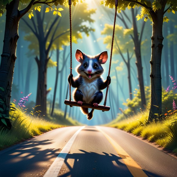 Picture of a swinging on a swing of a possum on the road