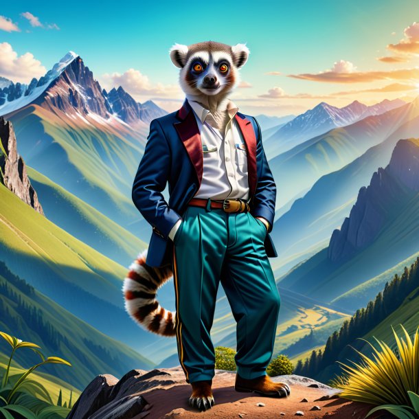 Illustration of a lemur in a trousers in the mountains