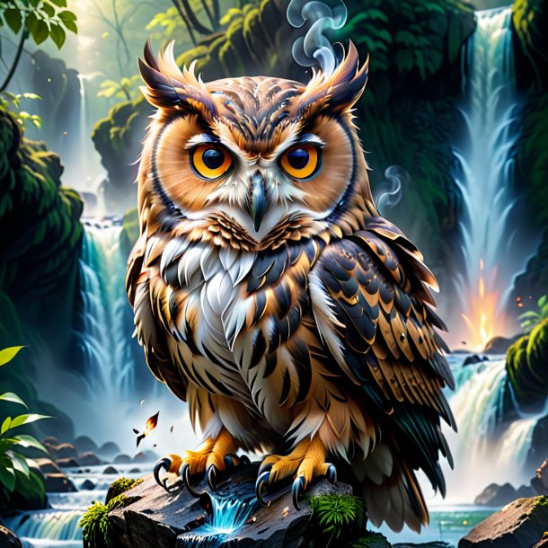 Photo of a smoking of a owl in the waterfall