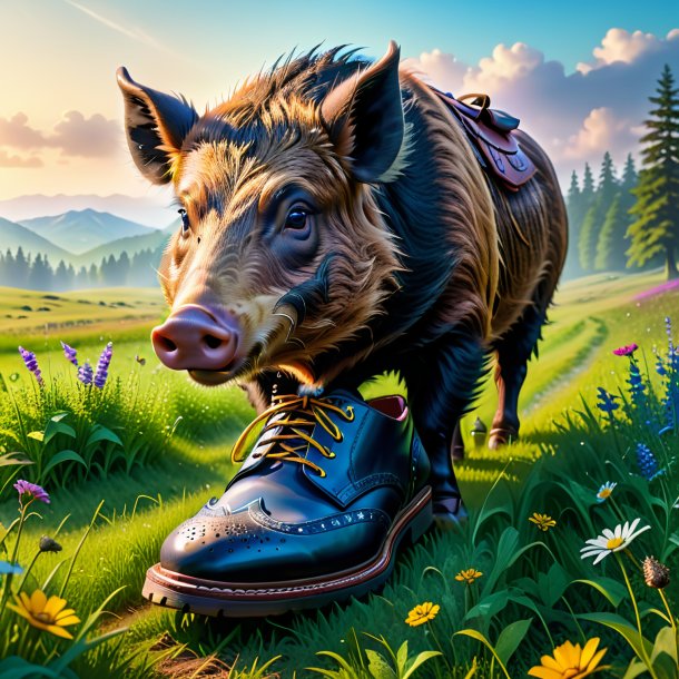 Image of a boar in a shoes in the meadow