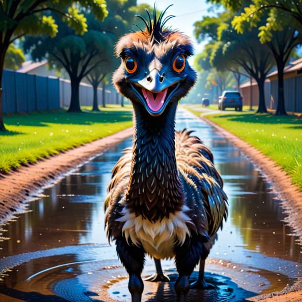 Pic of a smiling of a emu in the puddle