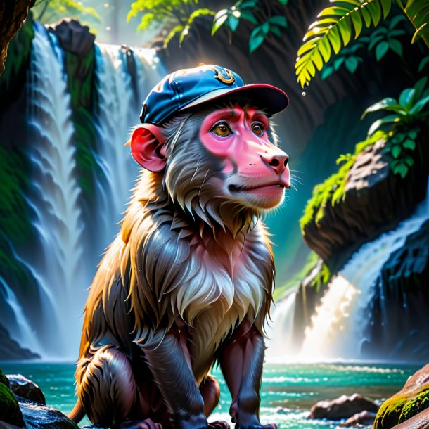 Pic of a baboon in a cap in the waterfall