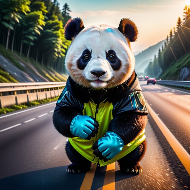 Photo of a giant panda in a gloves on the highway