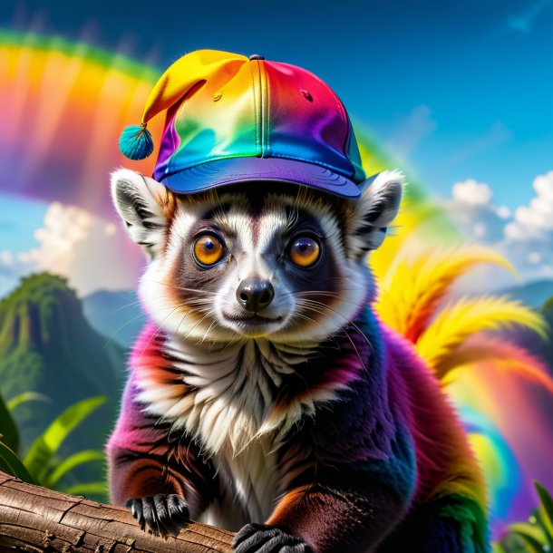 Image of a lemur in a cap on the rainbow