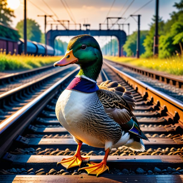 Imagem de um pato em um colete nos trilhos ferroviários