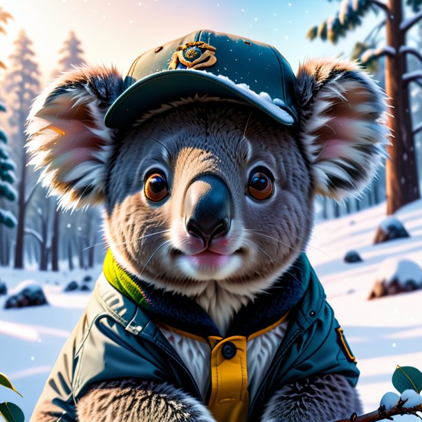 Pic of a koala in a cap in the snow