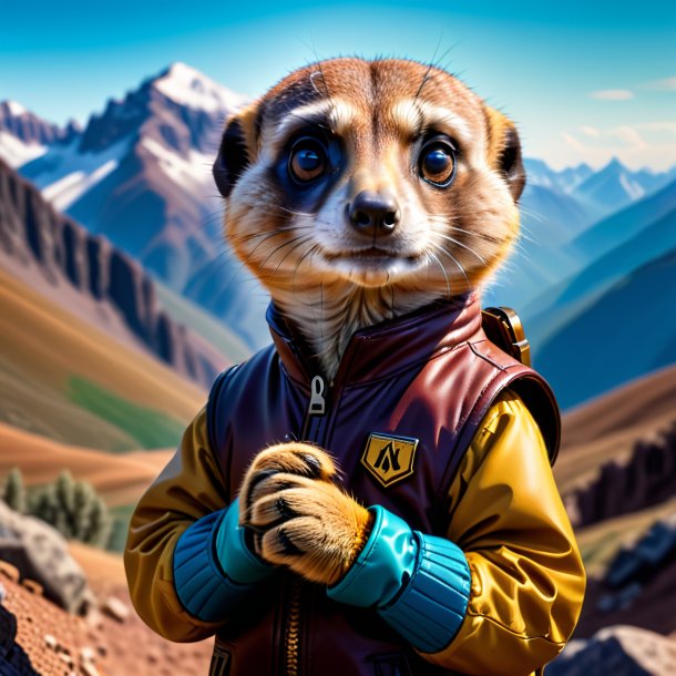 Picture of a meerkat in a gloves in the mountains