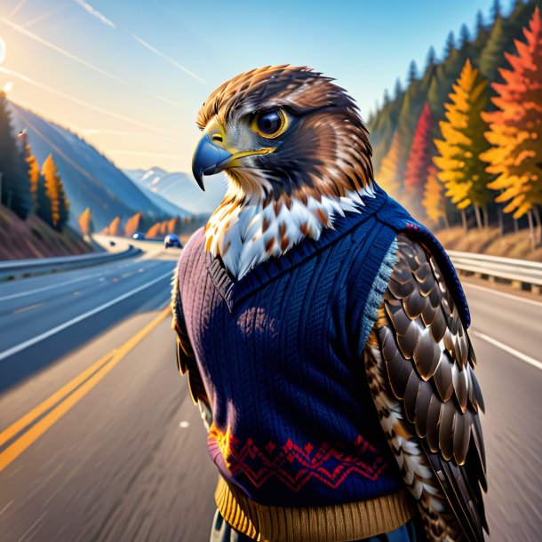 Drawing of a hawk in a sweater on the highway