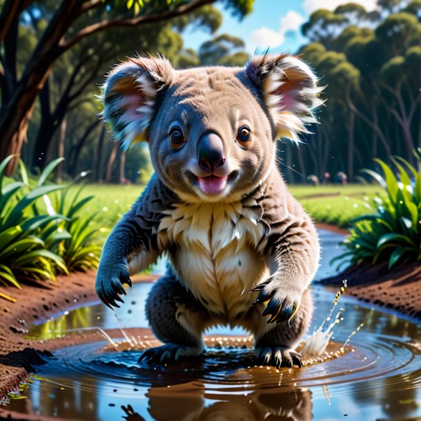 Pic of a jumping of a koala in the puddle