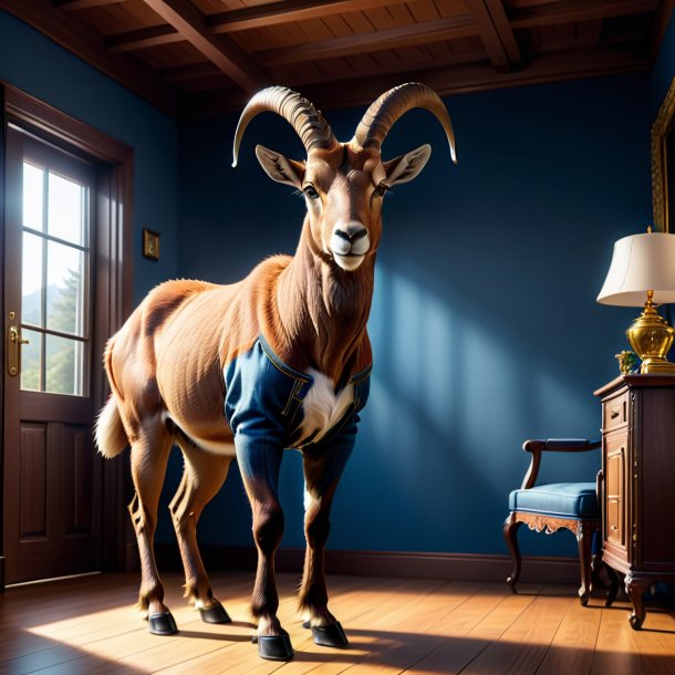 Illustration of a ibex in a jeans in the house