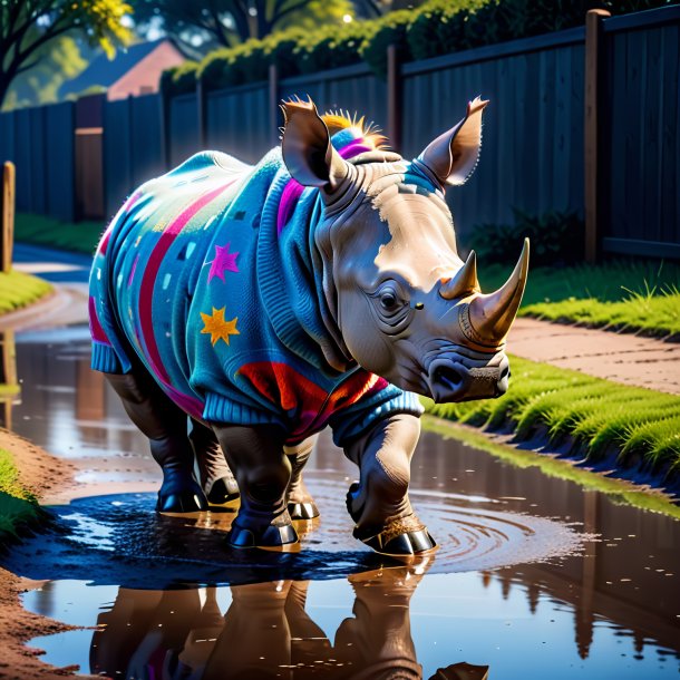 Picture of a rhinoceros in a sweater in the puddle