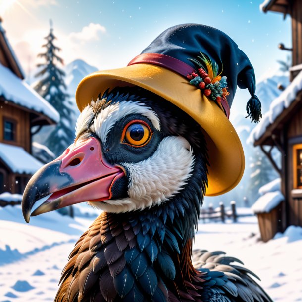 Photo of a dodo in a hat in the snow