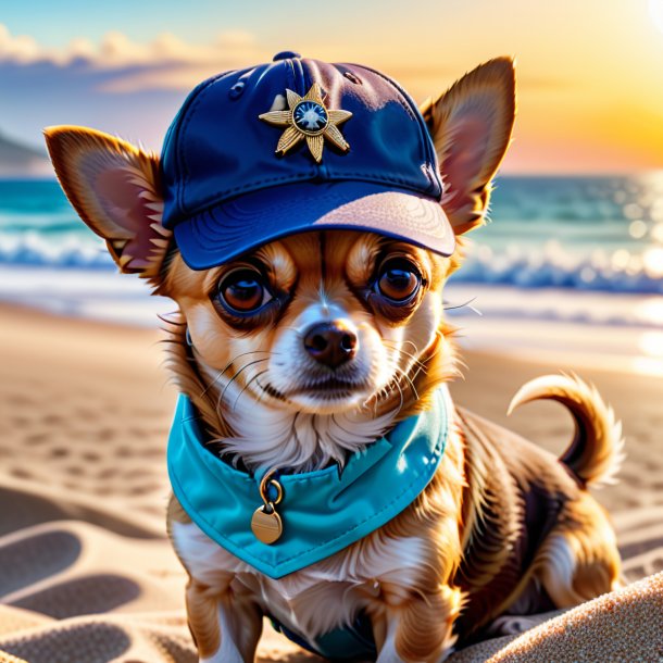 Foto de um chihuahua em um boné na praia