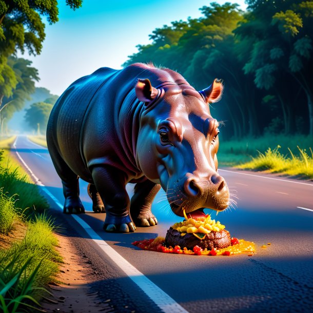 Photo of a eating of a hippopotamus on the road